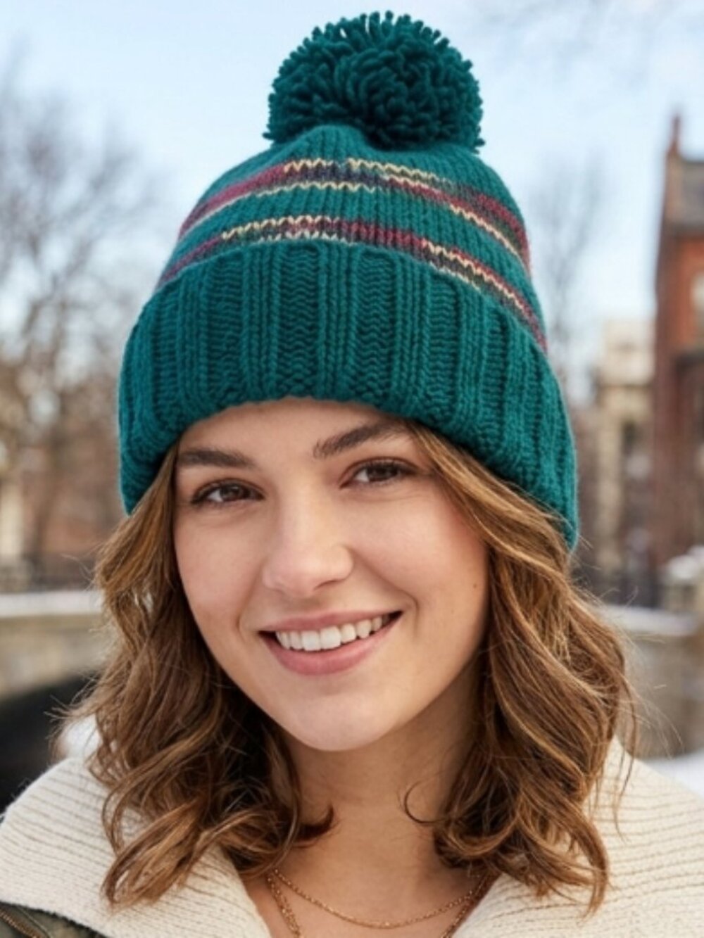 Forest Green Striped Knit Ribbed Pom-Pom Beanie Hat Cap OS Cozycore Ski Lodge